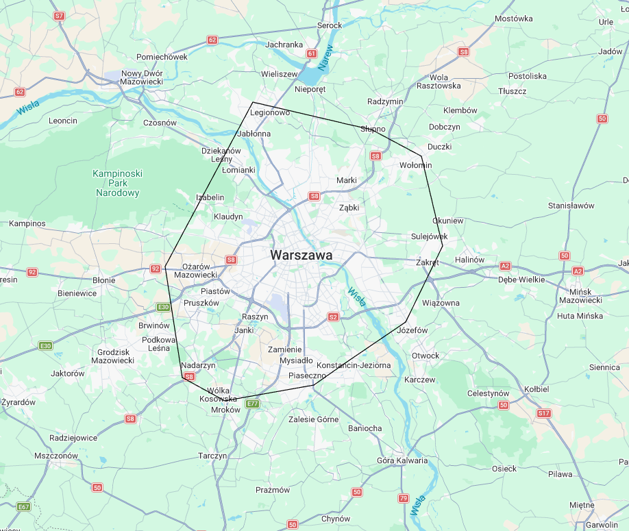 Mapa obszaru dojazdu MGdetailing Warszawa plus 10 km