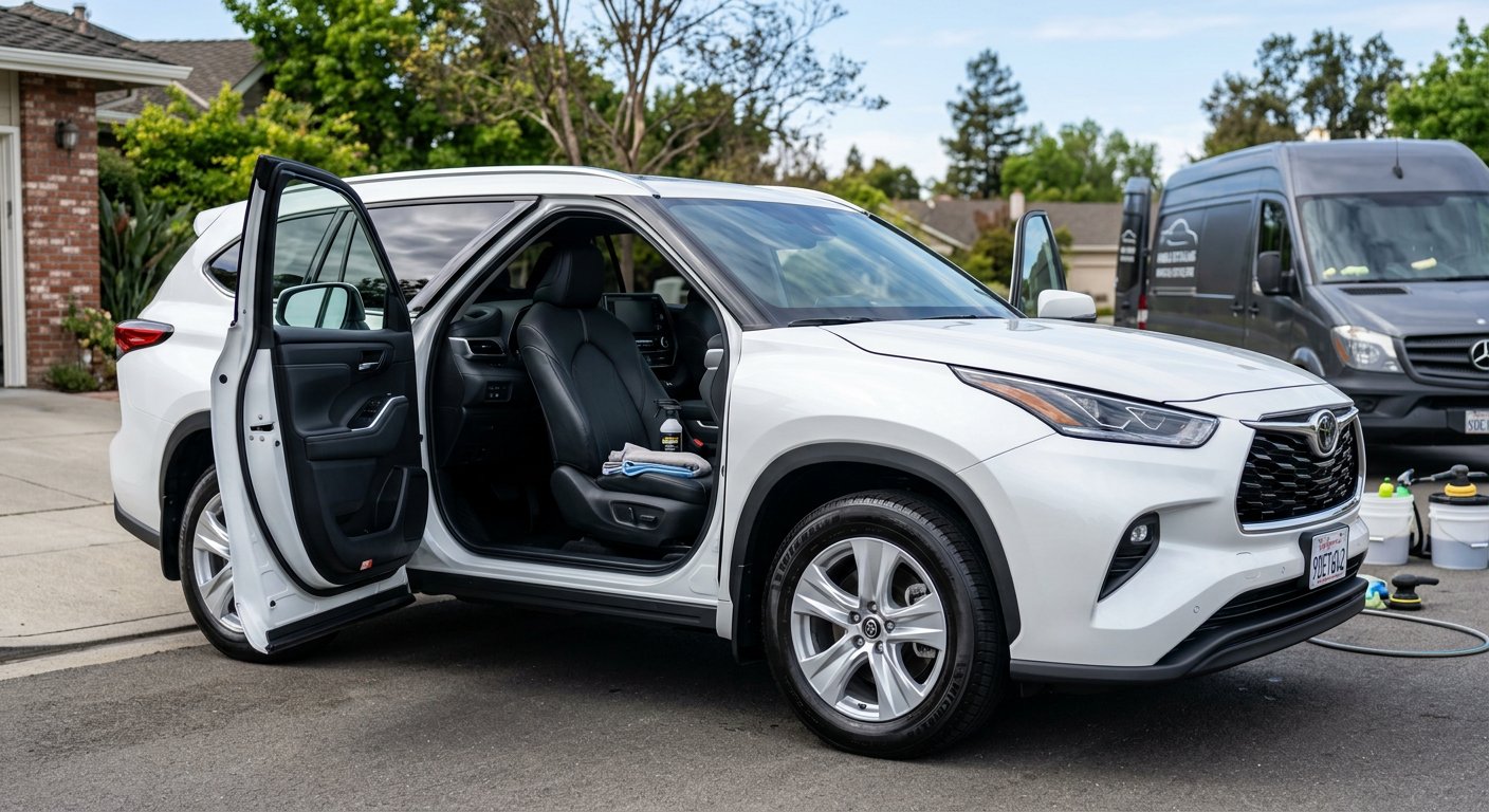Biały SUV po czyszczeniu wnętrza i detailingu